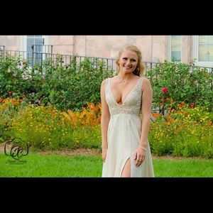 Silky tan & gold prom/evening gown. Bedazzled top